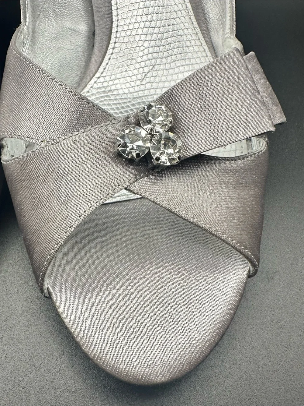 Nina Silver Satin Peep-Toe Flats with Crystal Bow Accent